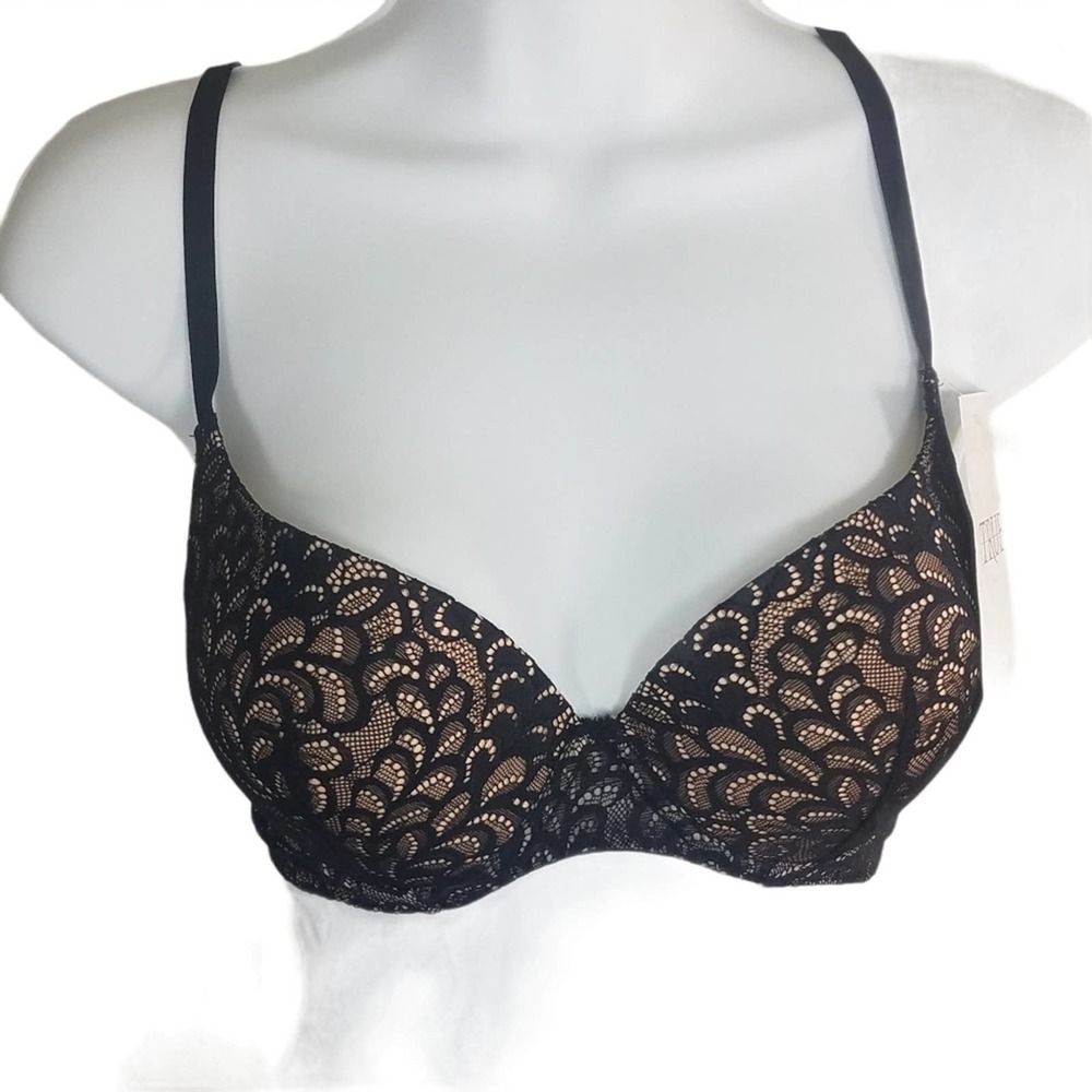 True&Co Originals Bezier High Line Size 32D Black Lace Bra Push Up Demi Cup NEW‎